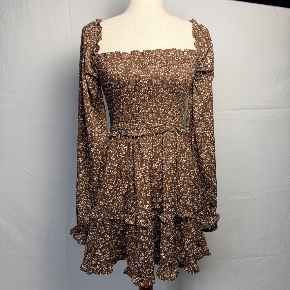 Vintage Forever 21 Brown Floral Smocked Mini Dress Boho Prairie Festival XS NWT